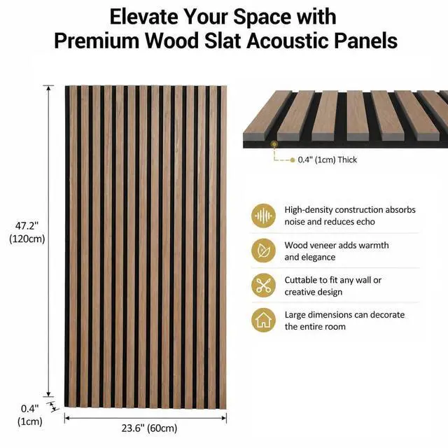 Alt view image 2 of 6 - Large Wood Slat Acoustic Panels for Wall Sound Proof Panels for Wall Decor 47.2 x 23.6 x 0.4 Inch Wood Veneer Panels for Bedroom Home Studio Office (Walnut, 5 Pack)