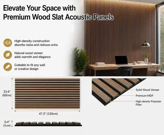 Alt view image 3 of 6 - Large Wood Slat Acoustic Panels for Wall Sound Proof Panels for Wall Decor 47.2 x 23.6 x 0.4 Inch Wood Veneer Panels for Bedroom Home Studio Office (Walnut, 5 Pack)