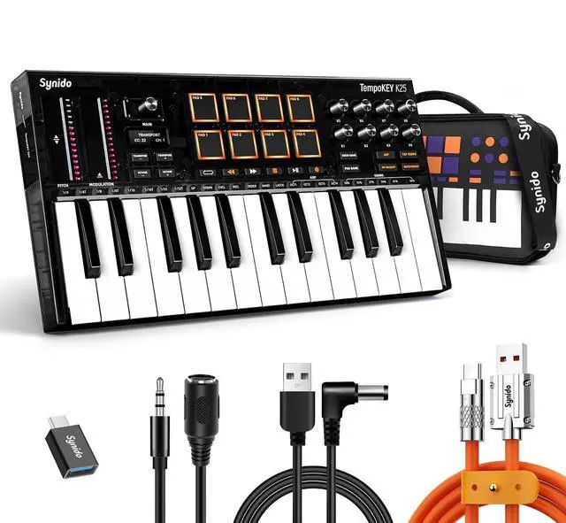 Main image of 25 Key USB MIDI Keyboard Controller with 8 Drum Pads, Professional Mini Midi Keyboard with OLED Screen, Beat Maker Machine for Music Production, Black, TempoKey K25