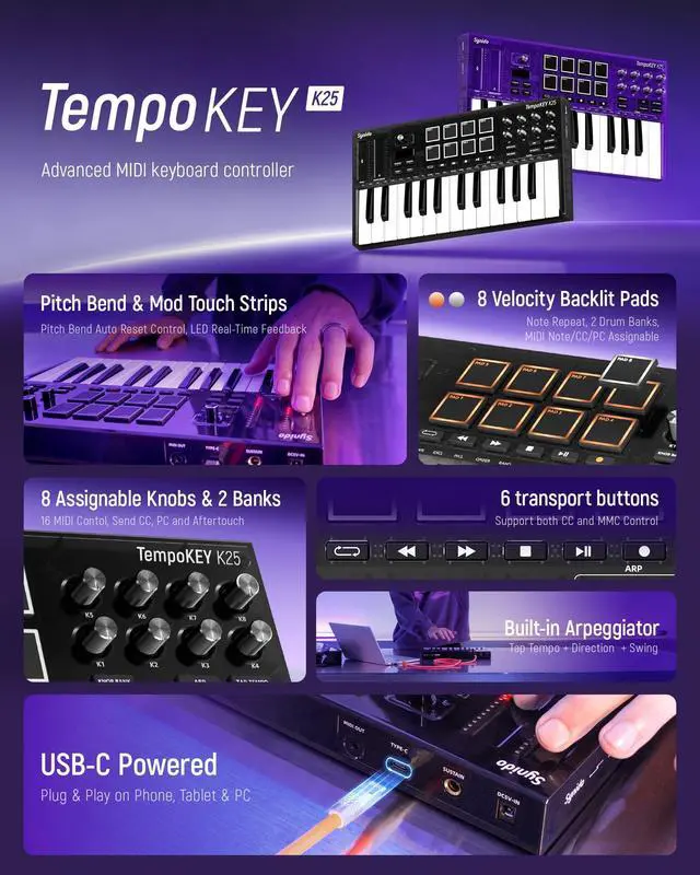 Alt view image 2 of 7 - 25 Key USB MIDI Keyboard Controller with 8 Drum Pads, Professional Mini Midi Keyboard with OLED Screen, Beat Maker Machine for Music Production, Black, TempoKey K25
