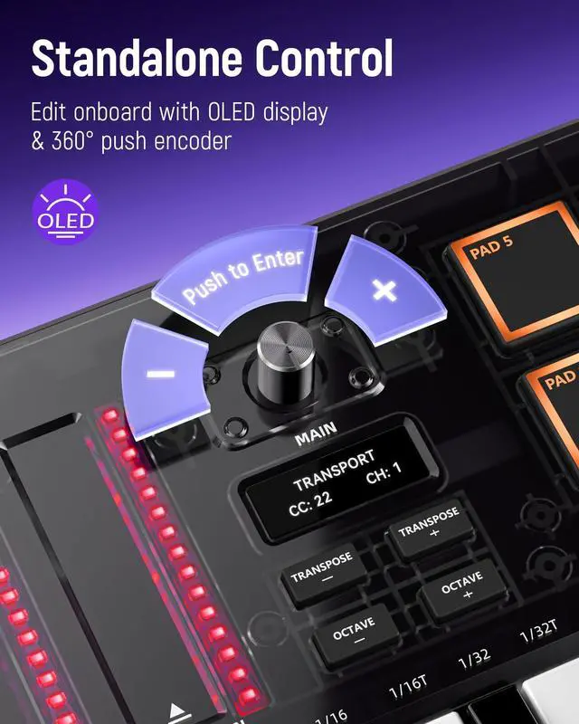 Alt view image 3 of 7 - 25 Key USB MIDI Keyboard Controller with 8 Drum Pads, Professional Mini Midi Keyboard with OLED Screen, Beat Maker Machine for Music Production, Black, TempoKey K25