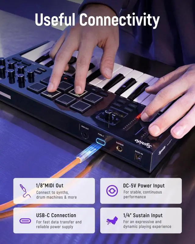 Alt view image 6 of 7 - 25 Key USB MIDI Keyboard Controller with 8 Drum Pads, Professional Mini Midi Keyboard with OLED Screen, Beat Maker Machine for Music Production, Black, TempoKey K25
