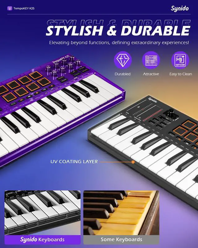 Alt view image 2 of 7 - 25 Key USB MIDI Keyboard Controller with Drum Pads, Professional Mini Midi Keyboard with OLED Screen, Beat Maker Machine for Music Production, Purple, TempoKEY K25