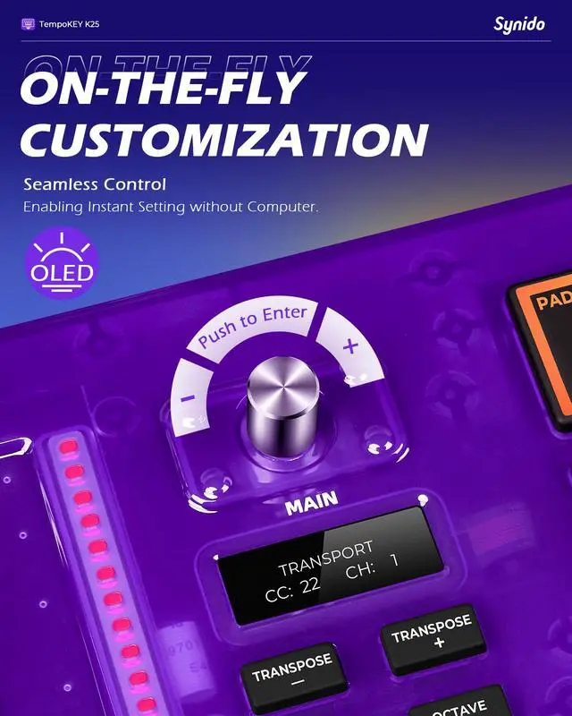Alt view image 3 of 7 - 25 Key USB MIDI Keyboard Controller with Drum Pads, Professional Mini Midi Keyboard with OLED Screen, Beat Maker Machine for Music Production, Purple, TempoKEY K25