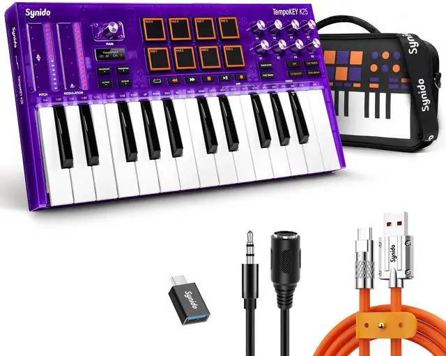 Main image of 25 Key USB MIDI Keyboard Controller with Drum Pads, Professional Mini Midi Keyboard with OLED Screen, Beat Maker Machine for Music Production, Purple, TempoKEY K25
