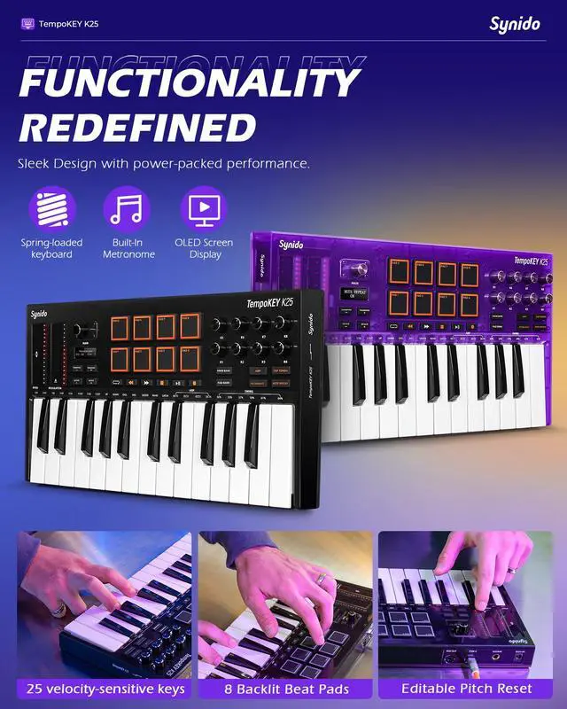 Alt view image 4 of 7 - 25 Key USB MIDI Keyboard Controller with Drum Pads, Professional Mini Midi Keyboard with OLED Screen, Beat Maker Machine for Music Production, Purple, TempoKEY K25
