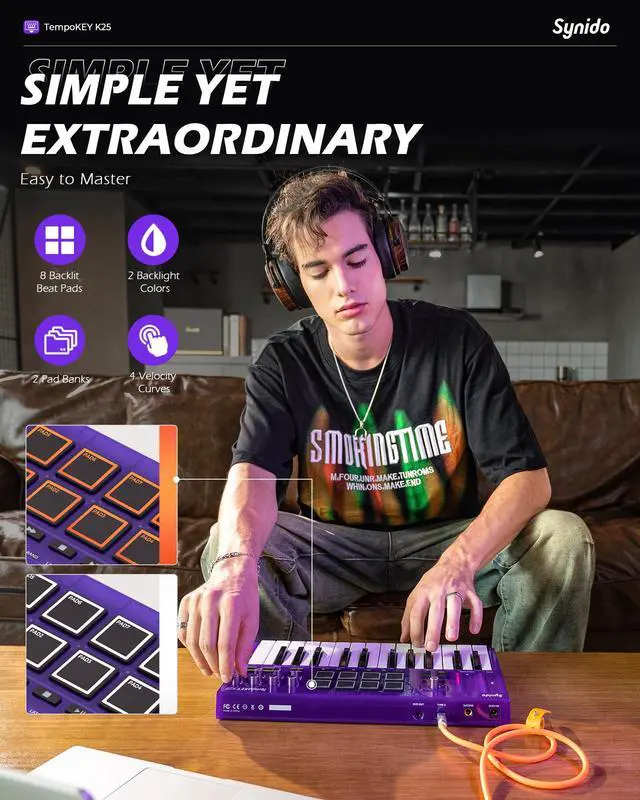 Alt view image 6 of 7 - 25 Key USB MIDI Keyboard Controller with Drum Pads, Professional Mini Midi Keyboard with OLED Screen, Beat Maker Machine for Music Production, Purple, TempoKEY K25