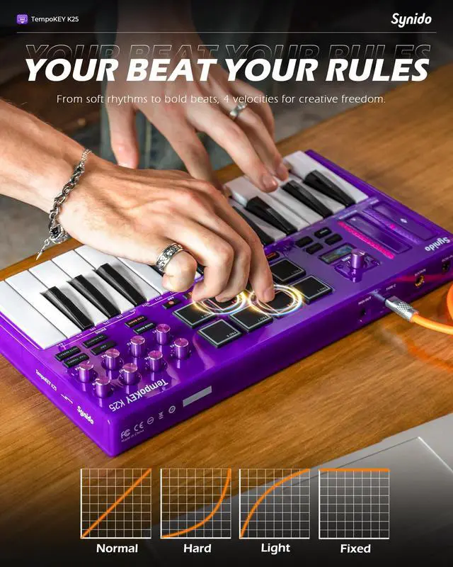 Alt view image 5 of 7 - 25 Key USB MIDI Keyboard Controller with Drum Pads, Professional Mini Midi Keyboard with OLED Screen, Beat Maker Machine for Music Production, Purple, TempoKEY K25