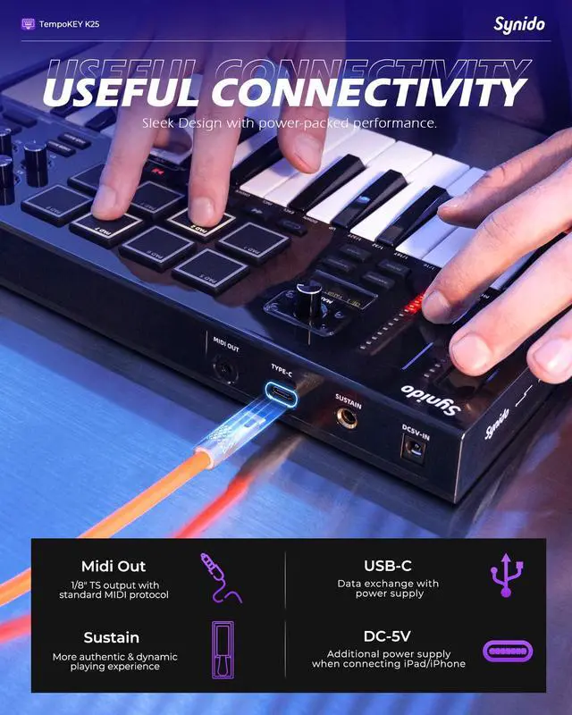 Alt view image 7 of 7 - 25 Key USB MIDI Keyboard Controller with Drum Pads, Professional Mini Midi Keyboard with OLED Screen, Beat Maker Machine for Music Production, Purple, TempoKEY K25