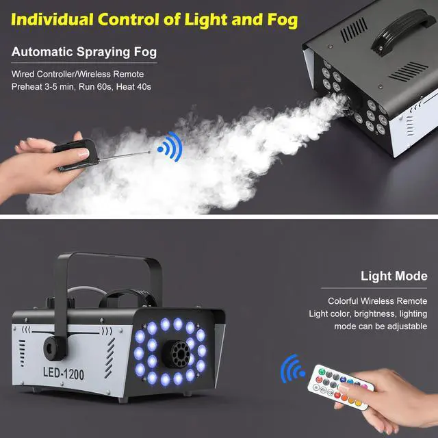 Alt view image 7 of 7 - 1200W Fog Machine Halloween Outdoor, 18 Lights 6000 CFM Smoke Machine Fog | Indoor Fog Machine with Remote for Wedding Party DJ Disco
