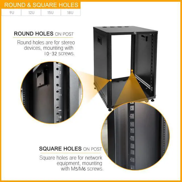 Alt view image 3 of 6 - POMU 12U Network & Stereo Rack with Caster Wheels, Rolling Server Rack Open Cabinet for 19 inches Audio Video Musical & IT Equipment Mounting, Round & Square Holes, Build in Handles Heavy Duty
