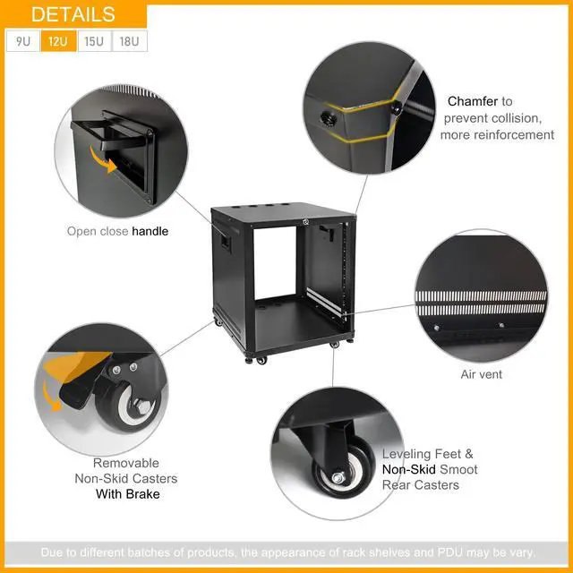 Alt view image 4 of 6 - POMU 12U Network & Stereo Rack with Caster Wheels, Rolling Server Rack Open Cabinet for 19 inches Audio Video Musical & IT Equipment Mounting, Round & Square Holes, Build in Handles Heavy Duty