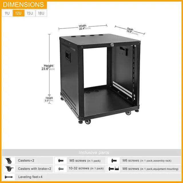 Alt view image 2 of 6 - POMU 12U Network & Stereo Rack with Caster Wheels, Rolling Server Rack Open Cabinet for 19 inches Audio Video Musical & IT Equipment Mounting, Round & Square Holes, Build in Handles Heavy Duty