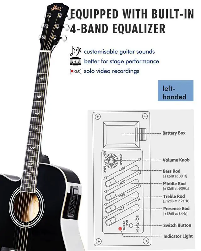 Alt view image 5 of 6 - Electro-Acoustic Guitar for Adults, 4/4 Full Size Beginner Guitar Folk for Children over 12 years (Left Handed Black)