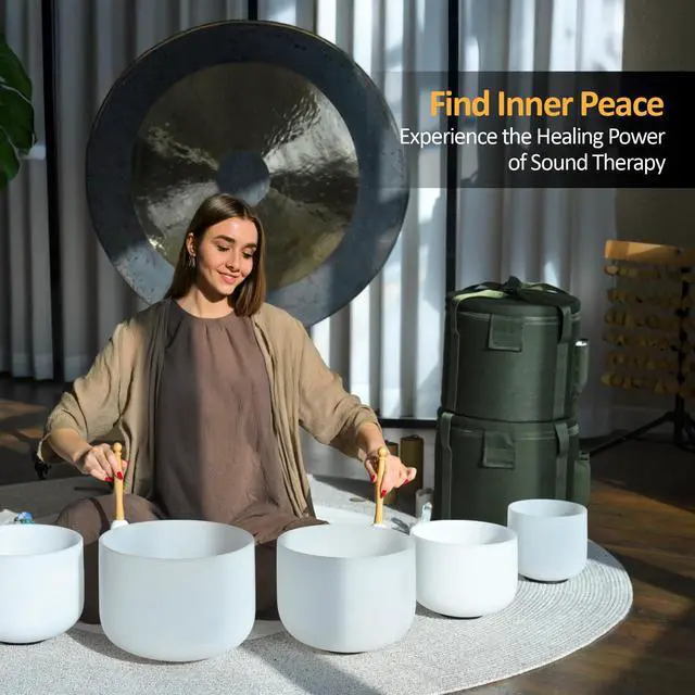 Alt view image 2 of 6 - 432HZ 6-12 Inch Crystal Singing Bowl Set of 7 | Frosted Chakra Quartz Bowl, Sound Healing Meditation,Mindfulness,Relaxation, Includes 2 Case Bags and Rubber Mallets