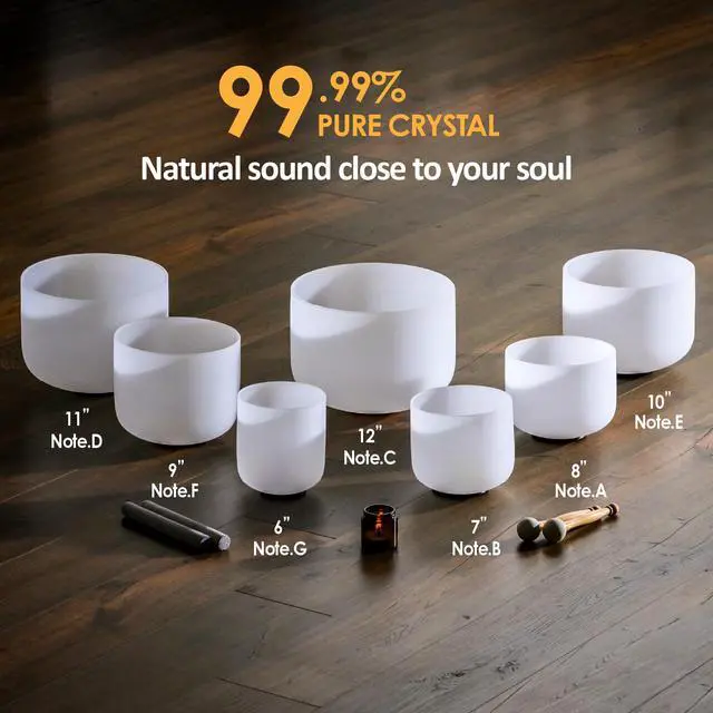 Alt view image 3 of 6 - 432HZ 6-12 Inch Crystal Singing Bowl Set of 7 | Frosted Chakra Quartz Bowl, Sound Healing Meditation,Mindfulness,Relaxation, Includes 2 Case Bags and Rubber Mallets