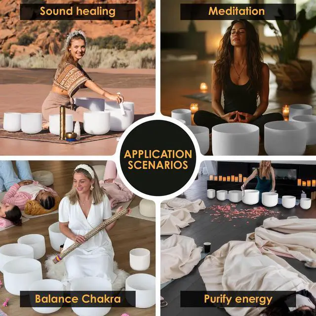 Alt view image 5 of 6 - 432HZ 6-12 Inch Crystal Singing Bowl Set of 7 | Frosted Chakra Quartz Bowl, Sound Healing Meditation,Mindfulness,Relaxation, Includes 2 Case Bags and Rubber Mallets