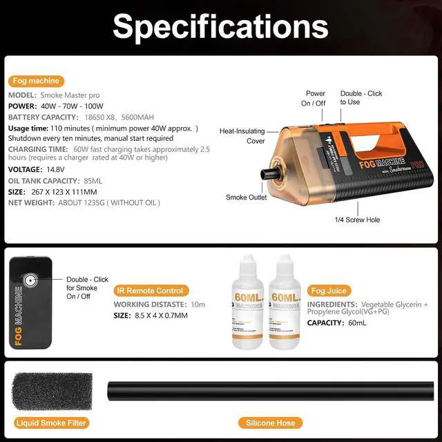 Alt view image 5 of 7 - Rechargeable Portable Fog Machine, SMOKE MASTER PRO 100W Handheld Smoke Machine,Outdoor Remote Control Indoor for Photography,Halloween, Party,Stage Effects, Disinfection or Weddings