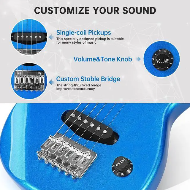 Alt view image 4 of 6 - 30 Inch Kids Electric Guitar Beginner Kits ST Style Mini Electric Guitar for Boys GirlsElectric guitar Starter Kit w/ 5W Amplifier, Strap, Gig Bag, Strings, tunerstringsPicks Blue