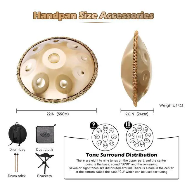 Alt view image 3 of 7 - Handpan 22 Inches Drum Set, 440Hz 10 Notes Hand Drum Instrument, Premium Steel Hand Drum, Includes Carrying Case, Drumsticks, Spiral Wraps, Instruction Guide