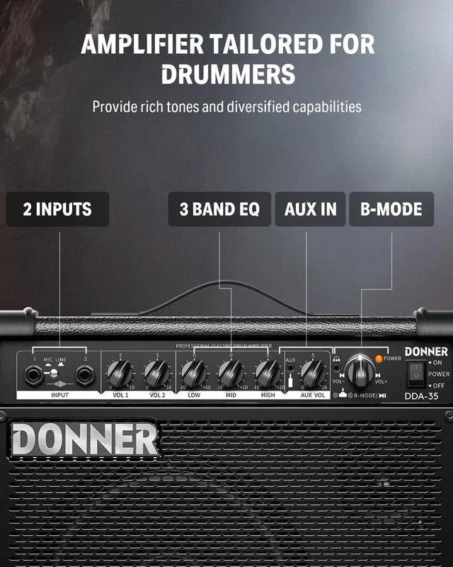 Alt view image 3 of 7 - 35-Watt Electronic Drum Amplifier DA-35, 2x8 Speakers, 2-Channel, 3-Band EQ, DI Out, Wireless Audio, Black, Compatible with Electronic Drum & Keyboard, Digital Modeling Amplifier