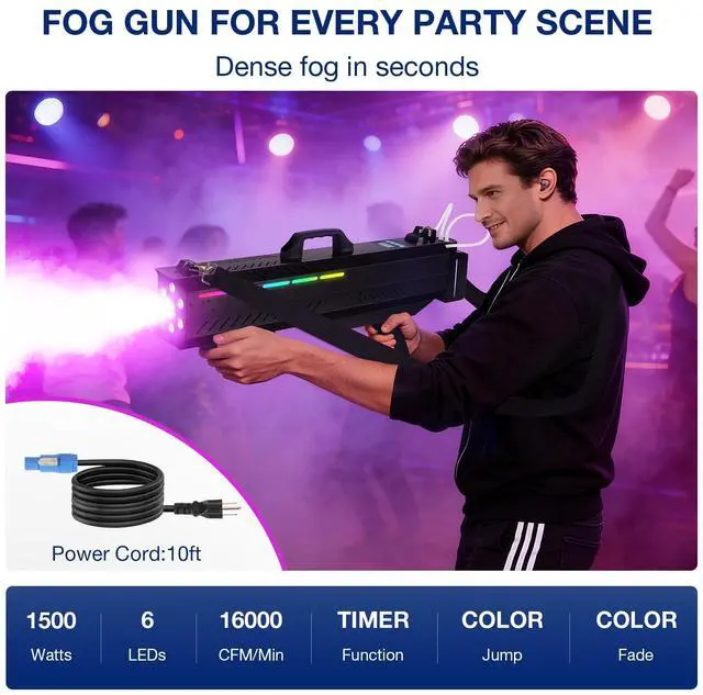 Alt view image 4 of 7 - 1500W Handheld Fog Machine Gun with 7-Color LED Lights | Smoke Cannon, Shoulder Strap, for Party DJ Events Concerts Halloween Parties Live Shows Stage Performances