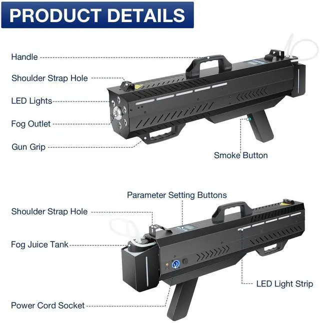 Alt view image 6 of 7 - 1500W Handheld Fog Machine Gun with 7-Color LED Lights | Smoke Cannon, Shoulder Strap, for Party DJ Events Concerts Halloween Parties Live Shows Stage Performances