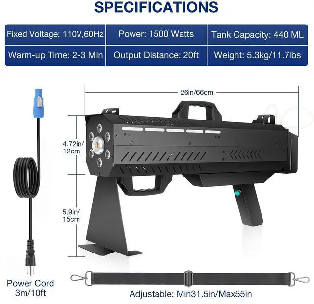 Alt view image 7 of 7 - 1500W Handheld Fog Machine Gun with 7-Color LED Lights | Smoke Cannon, Shoulder Strap, for Party DJ Events Concerts Halloween Parties Live Shows Stage Performances