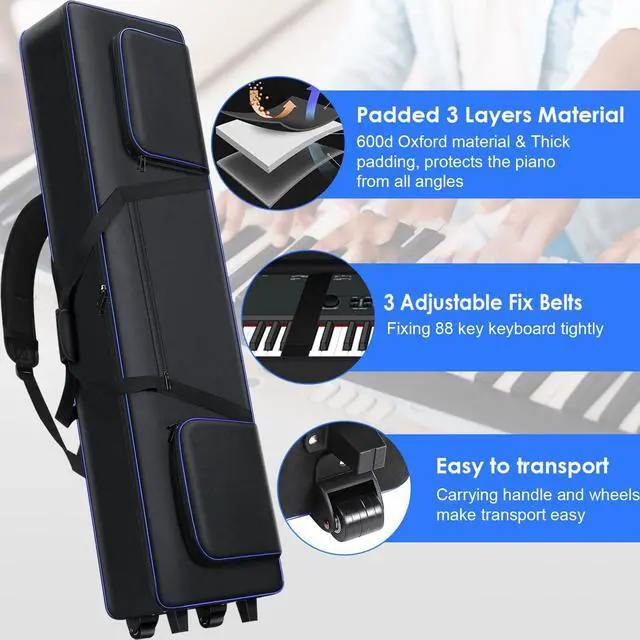 Alt view image 3 of 7 - 88 Key Keyboard Case Soft Padded with Wheels (53"x14.5"x7") | 88 Key Piano Rolling Gig Bag with Multiple Accessory Pockets, Comfortable Backpack-Strap & Carrying Handle, Sturdy & Durable