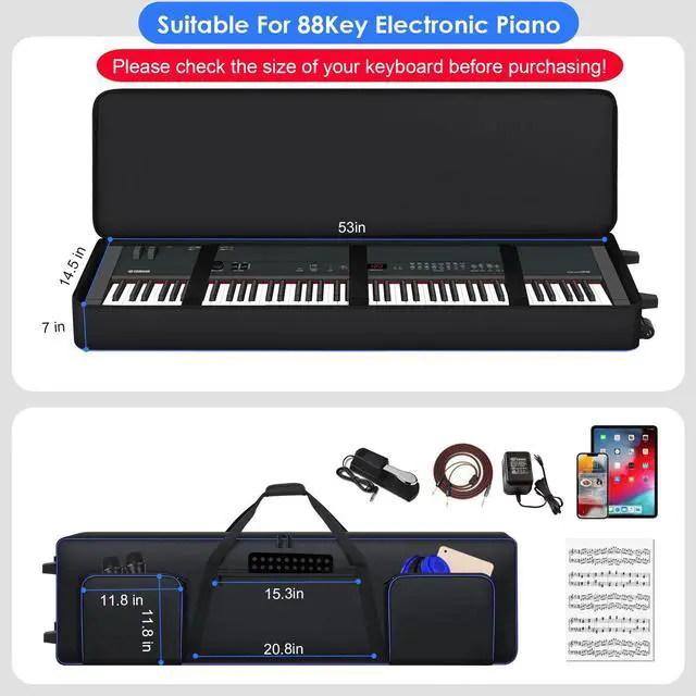 Alt view image 5 of 7 - 88 Key Keyboard Case Soft Padded with Wheels (53"x14.5"x7") | 88 Key Piano Rolling Gig Bag with Multiple Accessory Pockets, Comfortable Backpack-Strap & Carrying Handle, Sturdy & Durable
