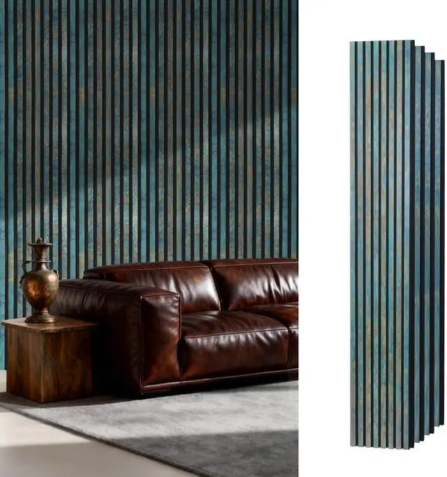 Main image of Wood Slat Wall Panels for Interior Wall Decor, Acoustic MDF Wall Panels with PET Backing, Easy Install Wall Paneling for Living Room Bedroom Office, Antique Teal Rust Accent (94" H)