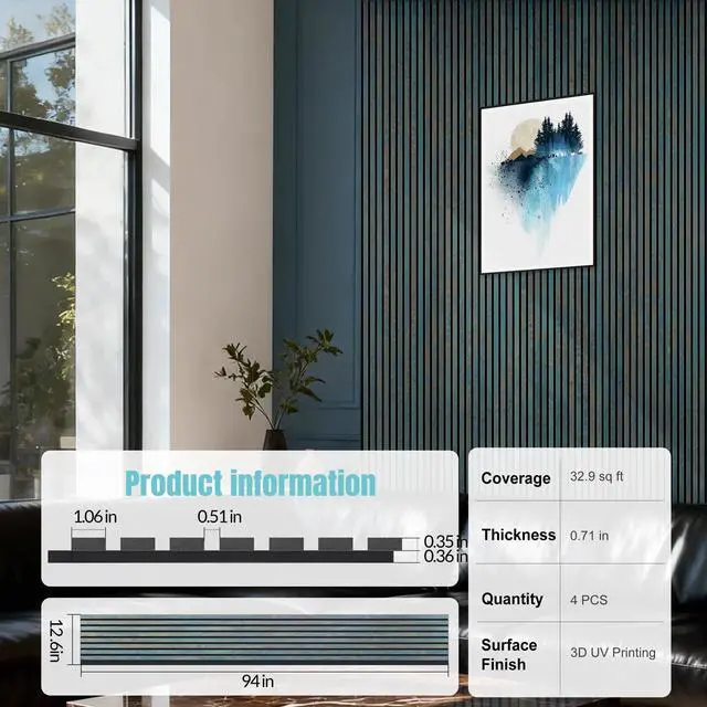 Alt view image 2 of 7 - Wood Slat Wall Panels for Interior Wall Decor, Acoustic MDF Wall Panels with PET Backing, Easy Install Wall Paneling for Living Room Bedroom Office, Antique Teal Rust Accent (94" H)