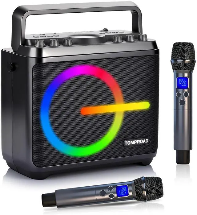 Main image of Karaoke Machine, Bluetooth Speaker with 2 Wireless Microphones, Portable Voice Amplifier PA System for Adults Kids with LED Lights Support Bass/Treble Adjustment, TF Card/USB, REC for Home Party