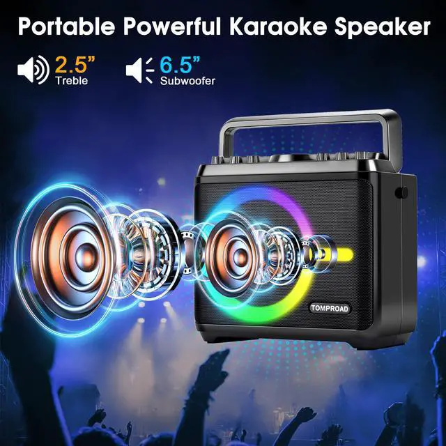 Alt view image 2 of 7 - Karaoke Machine, Bluetooth Speaker with 2 Wireless Microphones, Portable Voice Amplifier PA System for Adults Kids with LED Lights Support Bass/Treble Adjustment, TF Card/USB, REC for Home Party