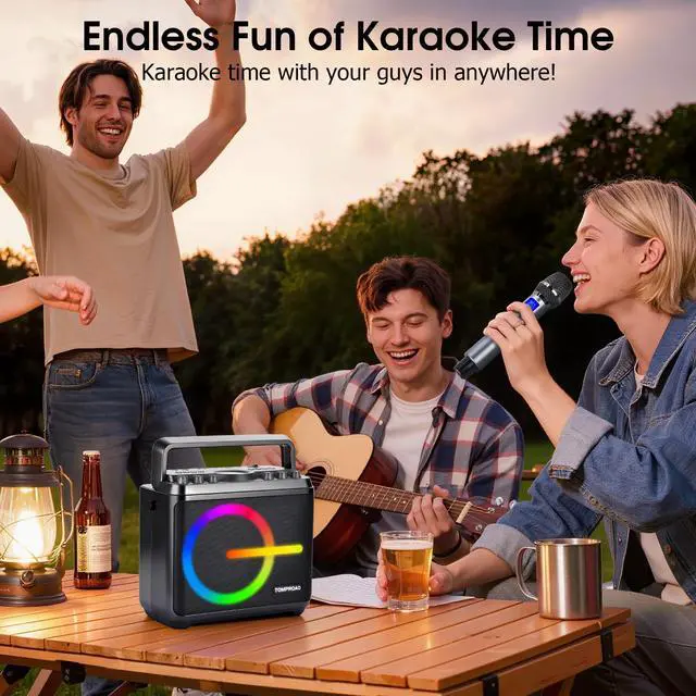 Alt view image 7 of 7 - Karaoke Machine, Bluetooth Speaker with 2 Wireless Microphones, Portable Voice Amplifier PA System for Adults Kids with LED Lights Support Bass/Treble Adjustment, TF Card/USB, REC for Home Party