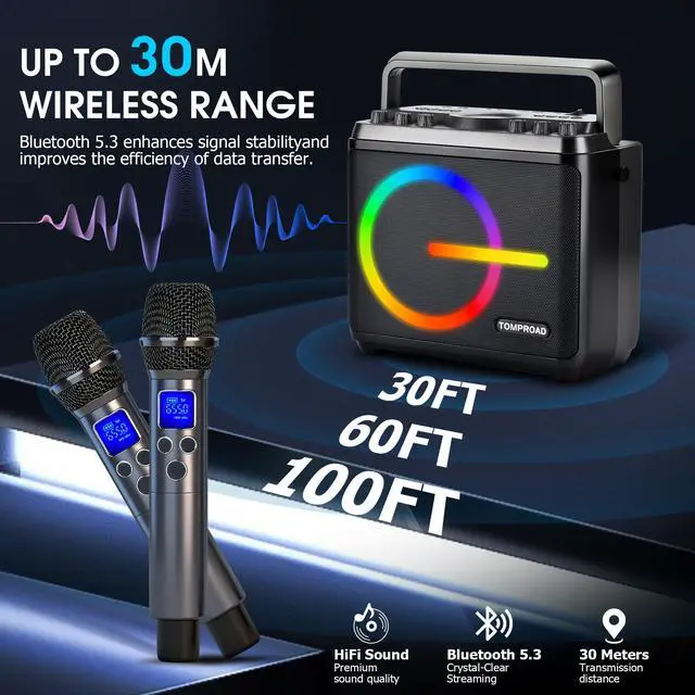 Alt view image 6 of 7 - Karaoke Machine, Bluetooth Speaker with 2 Wireless Microphones, Portable Voice Amplifier PA System for Adults Kids with LED Lights Support Bass/Treble Adjustment, TF Card/USB, REC for Home Party