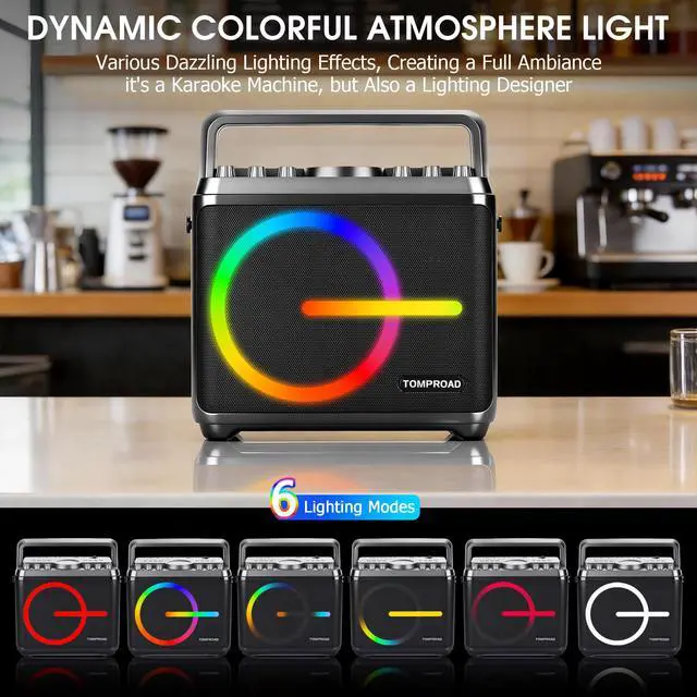 Alt view image 4 of 7 - Karaoke Machine, Bluetooth Speaker with 2 Wireless Microphones, Portable Voice Amplifier PA System for Adults Kids with LED Lights Support Bass/Treble Adjustment, TF Card/USB, REC for Home Party
