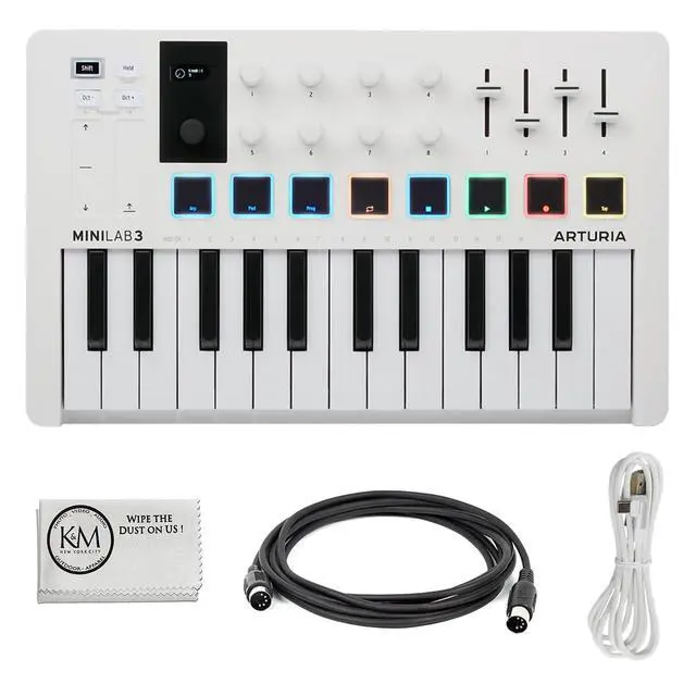 Main image of MiniLab 3 Compact MIDI Keyboard and Pad Controller | White Bundle with 6ft MIDI Cable + Microfiber Cleaning Cloth (3 Item)