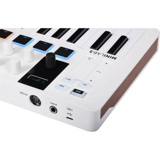 Alt view image 6 of 7 - MiniLab 3 Compact MIDI Keyboard and Pad Controller | White Bundle with 6ft MIDI Cable + Microfiber Cleaning Cloth (3 Item)