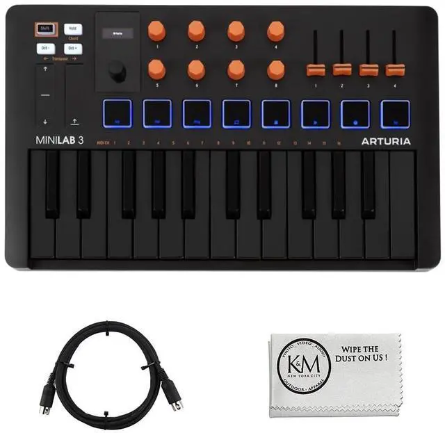 Main image of MiniLab 3 Compact MIDI Keyboard and Pad Controller | Orange Bundle with 6ft MIDI Cable + Microfiber Cleaning Cloth (3 Item)