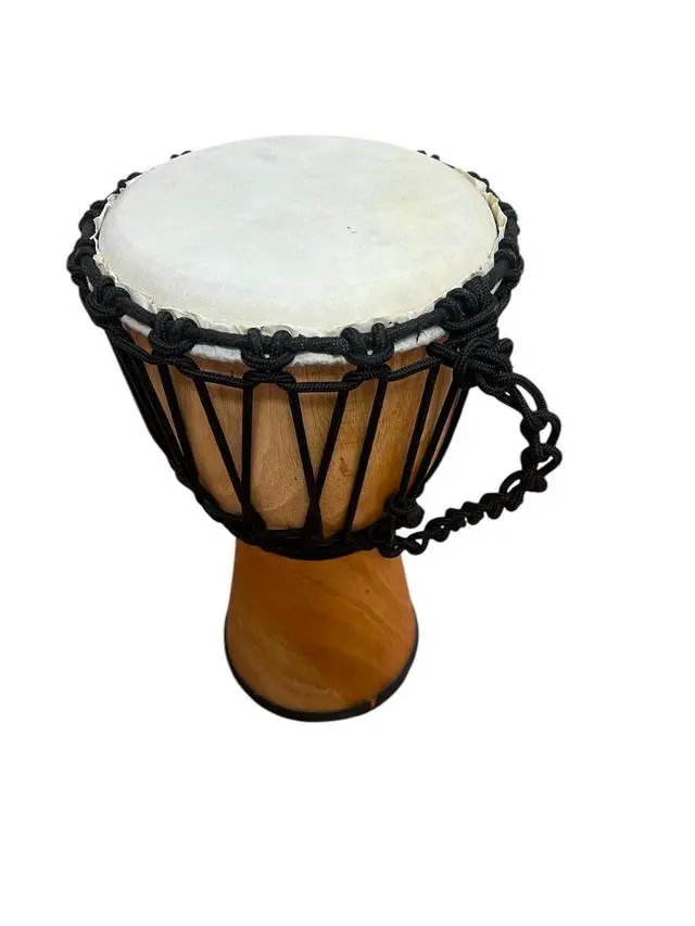 Alt view image 3 of 7 - Djembe Handmade Drum 16" Tall 7.5-8.5" Head Mahogany Wood Goat Skin | Handmade drum with natural materials; warm, resonant sound for beginners, performers, and percussion practice