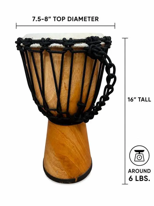 Alt view image 4 of 7 - Djembe Handmade Drum 16" Tall 7.5-8.5" Head Mahogany Wood Goat Skin | Handmade drum with natural materials; warm, resonant sound for beginners, performers, and percussion practice