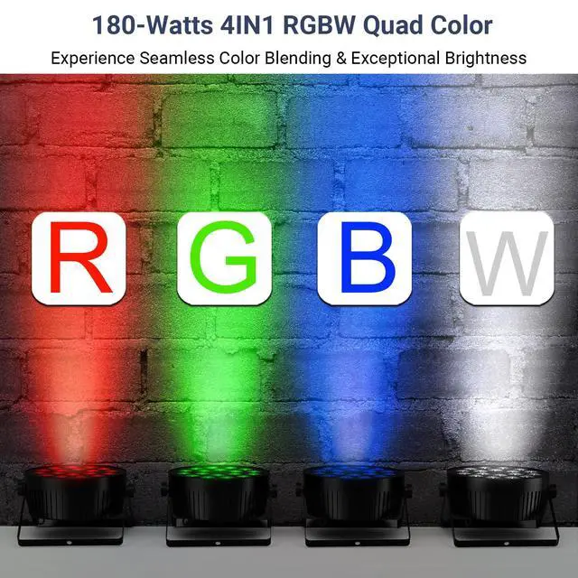 Alt view image 2 of 7 - 180W RGBW Par Lights DMX - LED Stage Par Lights 2 Pack with 4IN1 Quad Smooth Color Mixing with Remote DMX Control Multi-Modes Easy Setup for DJ Events Party Live Performances and Church