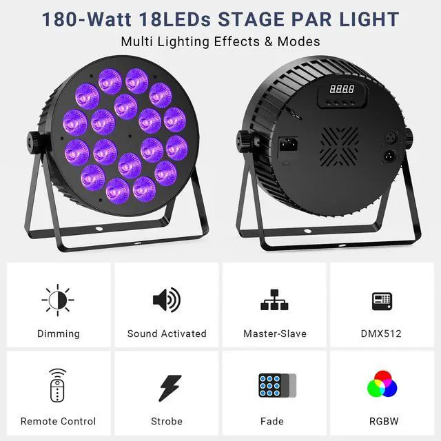 Alt view image 3 of 7 - 180W RGBW Par Lights DMX - LED Stage Par Lights 2 Pack with 4IN1 Quad Smooth Color Mixing with Remote DMX Control Multi-Modes Easy Setup for DJ Events Party Live Performances and Church