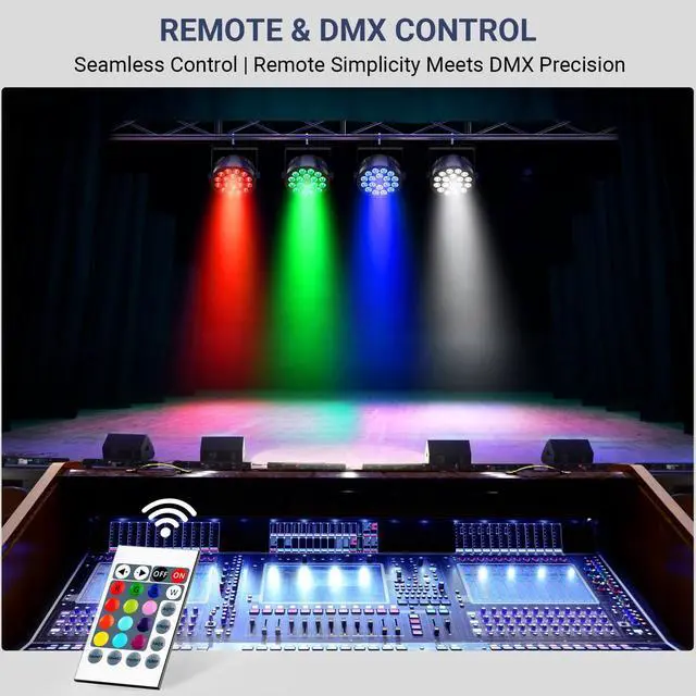Alt view image 4 of 7 - 180W RGBW Par Lights DMX - LED Stage Par Lights 2 Pack with 4IN1 Quad Smooth Color Mixing with Remote DMX Control Multi-Modes Easy Setup for DJ Events Party Live Performances and Church
