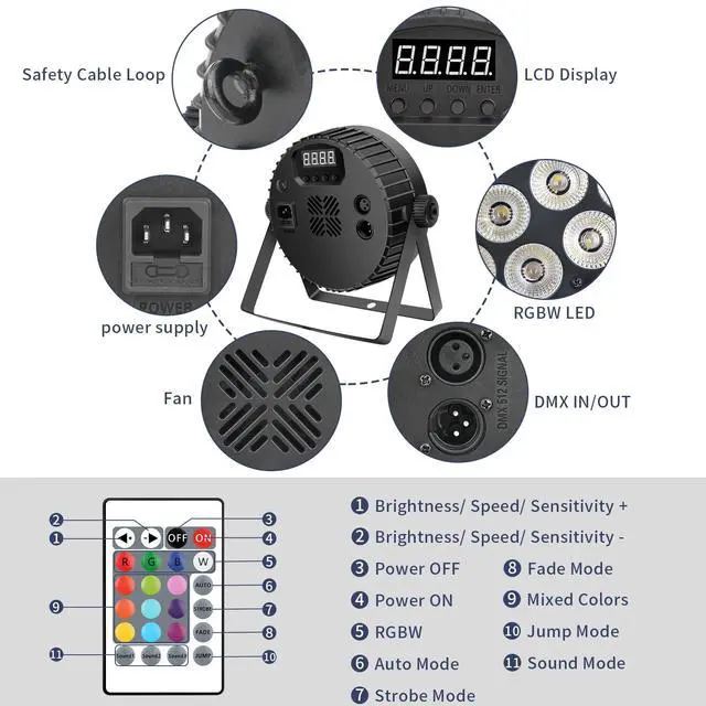Alt view image 7 of 7 - 180W RGBW Par Lights DMX - LED Stage Par Lights 2 Pack with 4IN1 Quad Smooth Color Mixing with Remote DMX Control Multi-Modes Easy Setup for DJ Events Party Live Performances and Church