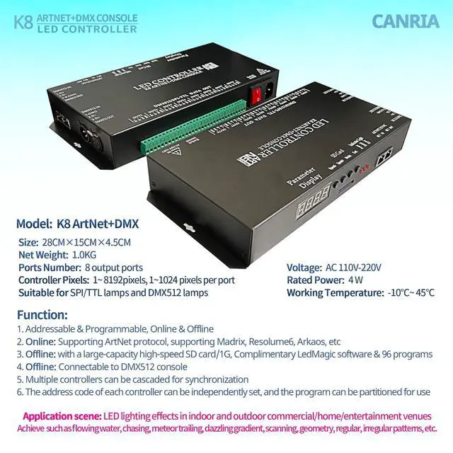 Alt view image 2 of 6 - K8 ARTNET+DMX Console LED Controller, Suitable for SPI and DMX512 LED Light, Online Offline, Addressable Programmable, 1G SD Card with 96 Program Modes and Offline Software
