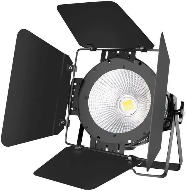 Main image of 100W LED DMX Stage Spotlights with Barndoor, COB Warm/Cold White | 100W,Ra>90,Warm/Cold White,High Brightness,Natural Lighting Source,Restore Real Color,Heat Dissipation,DMX512/Master-slave