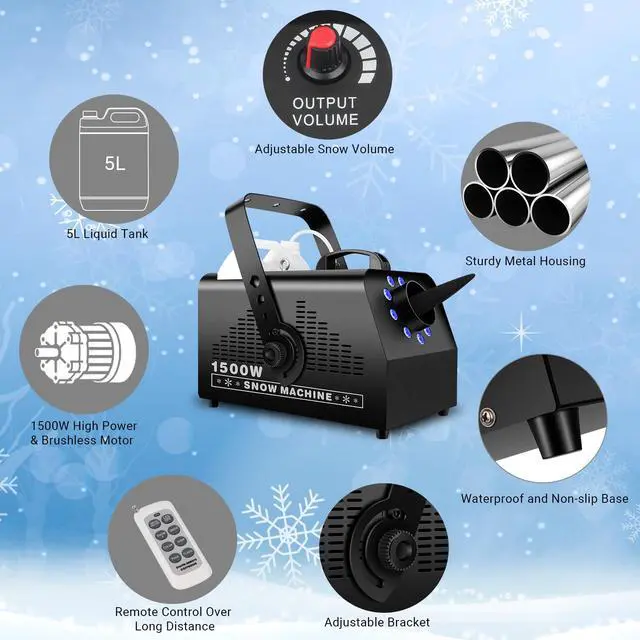 Alt view image 5 of 7 - 1500W Snow Machine Snowflake Maker: Wired & Wireless Remote Snow Volume - with 9LED RGB Lights - Artificial Fake Snow Machine for Outdoor Christmas Party Wedding Fiestas Holiday Stage Effects
