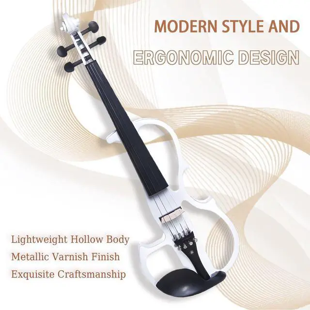 Alt view image 2 of 7 - Electric Violin, Solid 4/4 Full Size Silent Violin Fiddle with Ebony Fittings, Beginner Violin with Case, Bow, Aux Cable, and Headphones (Pearl White)